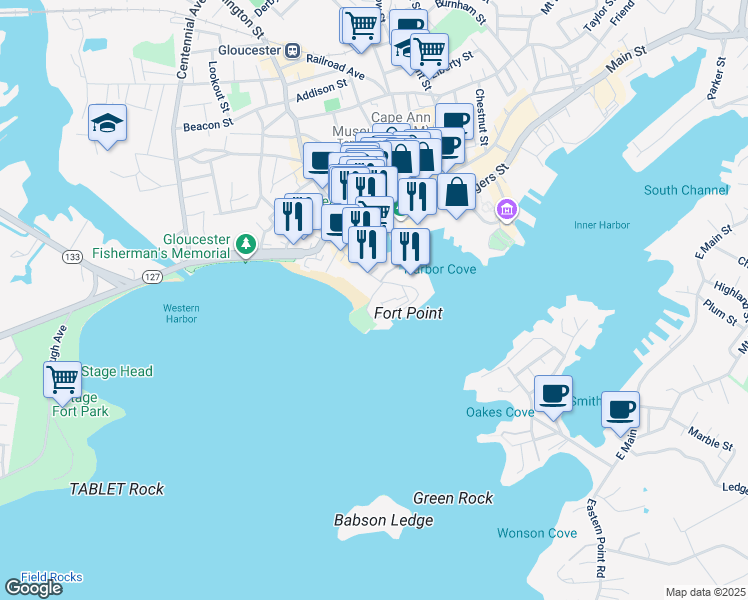 map of restaurants, bars, coffee shops, grocery stores, and more near 10 Fort Square in Gloucester