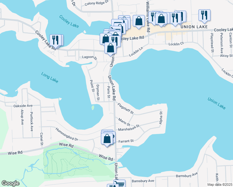 map of restaurants, bars, coffee shops, grocery stores, and more near 1855 Union Lake Road in Commerce Charter Township