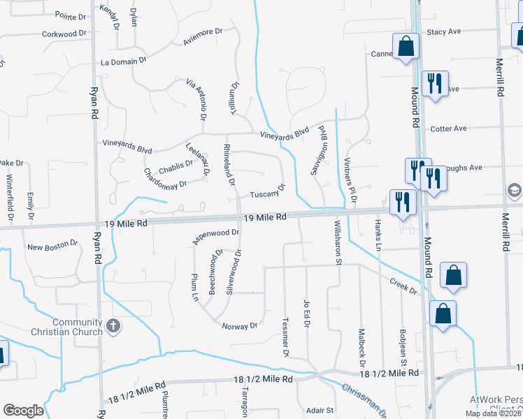 map of restaurants, bars, coffee shops, grocery stores, and more near 4943 19 Mile Road in Sterling Heights