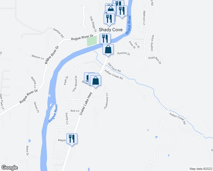 map of restaurants, bars, coffee shops, grocery stores, and more near 300 Indian Trail Court in Shady Cove