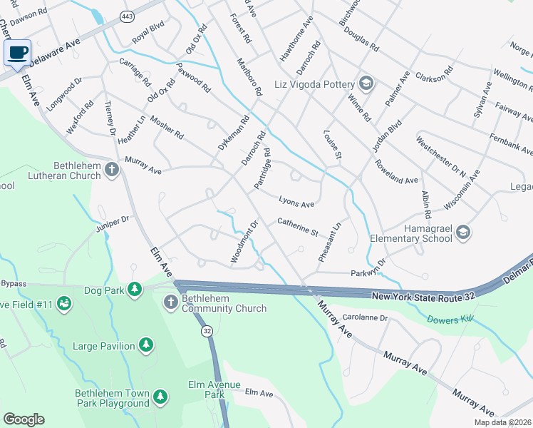 map of restaurants, bars, coffee shops, grocery stores, and more near 112 Murray Avenue in Delmar