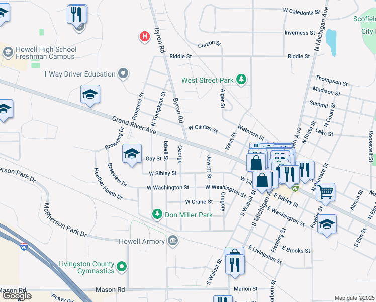 map of restaurants, bars, coffee shops, grocery stores, and more near 645 West Grand River Avenue in Howell