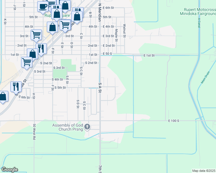 map of restaurants, bars, coffee shops, grocery stores, and more near 423 South Linden Street in Rupert