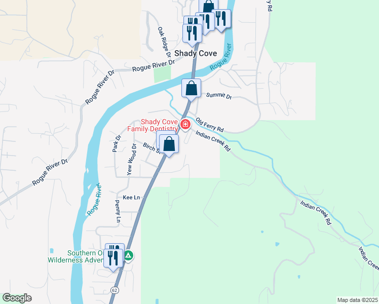 map of restaurants, bars, coffee shops, grocery stores, and more near 300 Indian Trail Court in Shady Cove