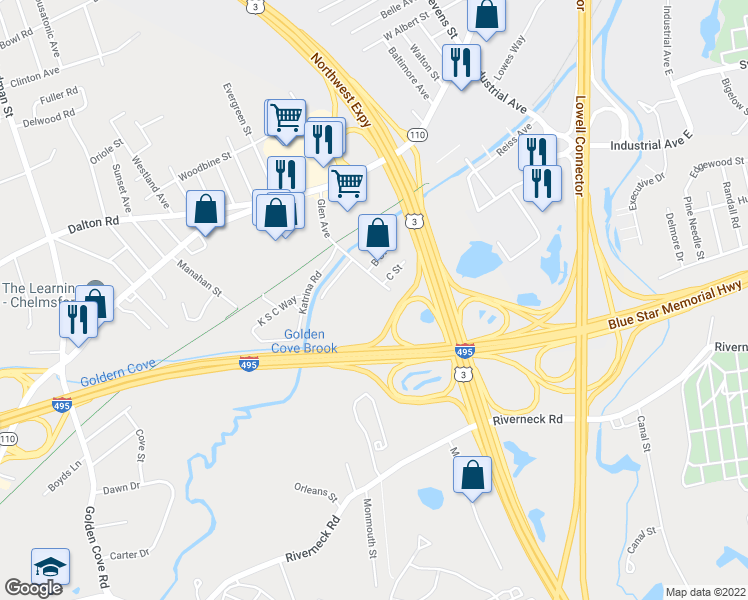 map of restaurants, bars, coffee shops, grocery stores, and more near 37 Glen Avenue in Chelmsford