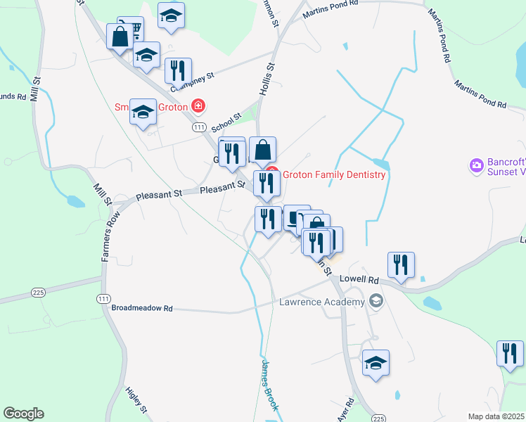 map of restaurants, bars, coffee shops, grocery stores, and more near in Groton