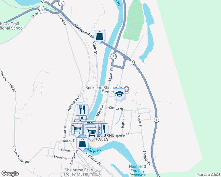 map of restaurants, bars, coffee shops, grocery stores, and more near 89 Main Street in Shelburne Falls
