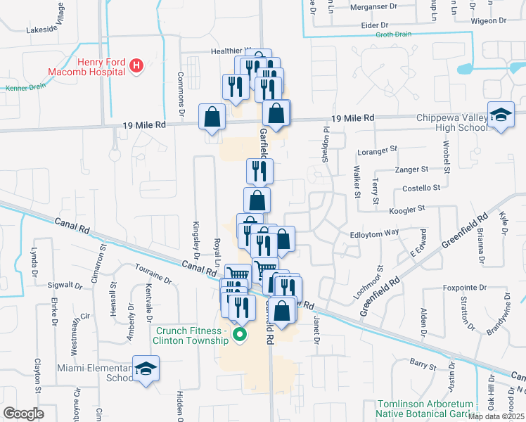 map of restaurants, bars, coffee shops, grocery stores, and more near 42467 Garfield Road in Clinton Township