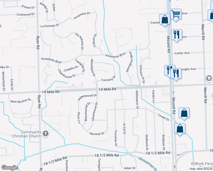 map of restaurants, bars, coffee shops, grocery stores, and more near 4943 19 Mile Road in Sterling Heights