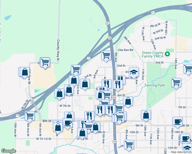 map of restaurants, bars, coffee shops, grocery stores, and more near 316 3rd Avenue in Monroe
