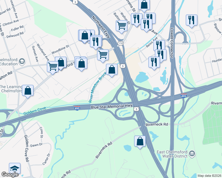 map of restaurants, bars, coffee shops, grocery stores, and more near 37 Glen Avenue in Chelmsford