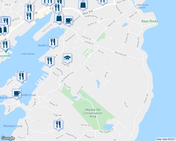 map of restaurants, bars, coffee shops, grocery stores, and more near 13 Calder St in Gloucester