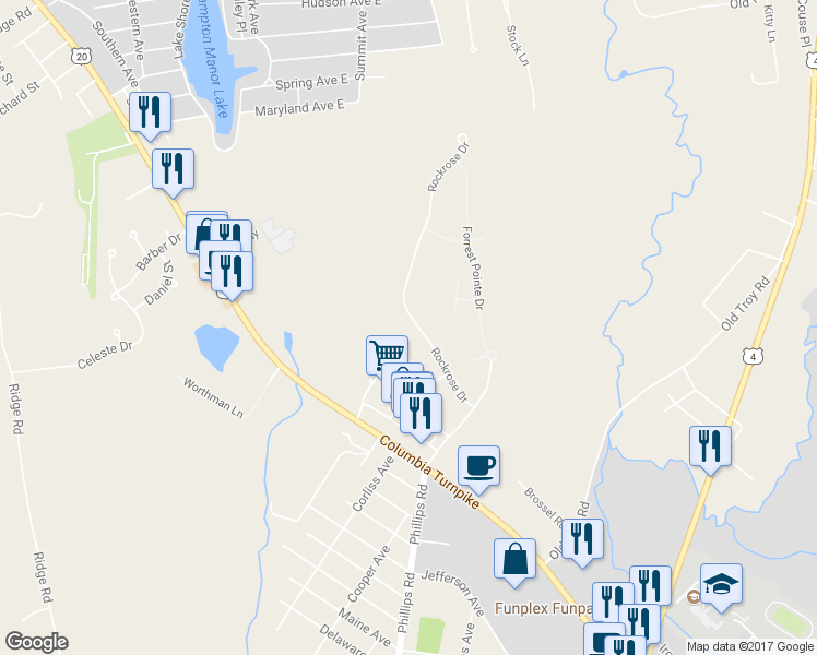 map of restaurants, bars, coffee shops, grocery stores, and more near 33 Rockrose Drive in East Greenbush