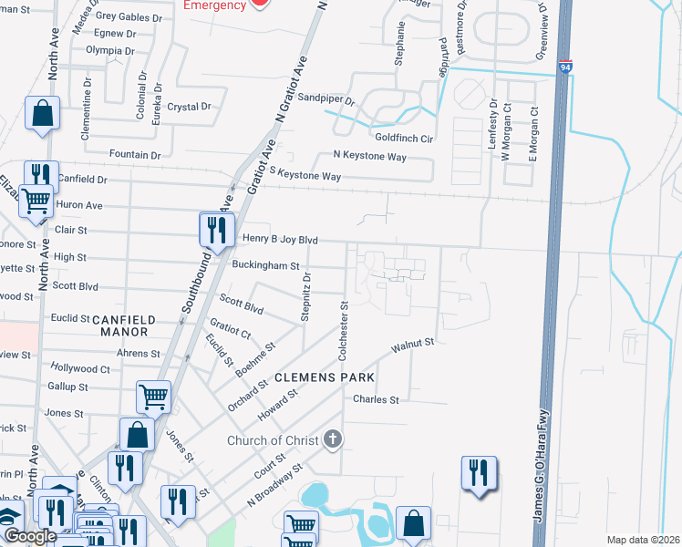 map of restaurants, bars, coffee shops, grocery stores, and more near 23888 Buckingham Street in Clinton Township