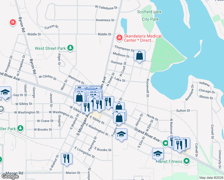 map of restaurants, bars, coffee shops, grocery stores, and more near 318 North Court Street in Howell