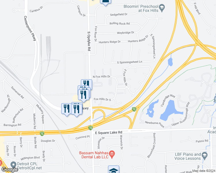 map of restaurants, bars, coffee shops, grocery stores, and more near 484 North Fox Hills Drive in Bloomfield Township