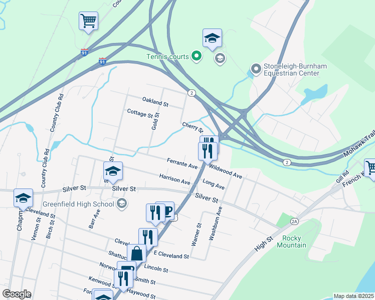 map of restaurants, bars, coffee shops, grocery stores, and more near 21 Ferrante Avenue in Greenfield