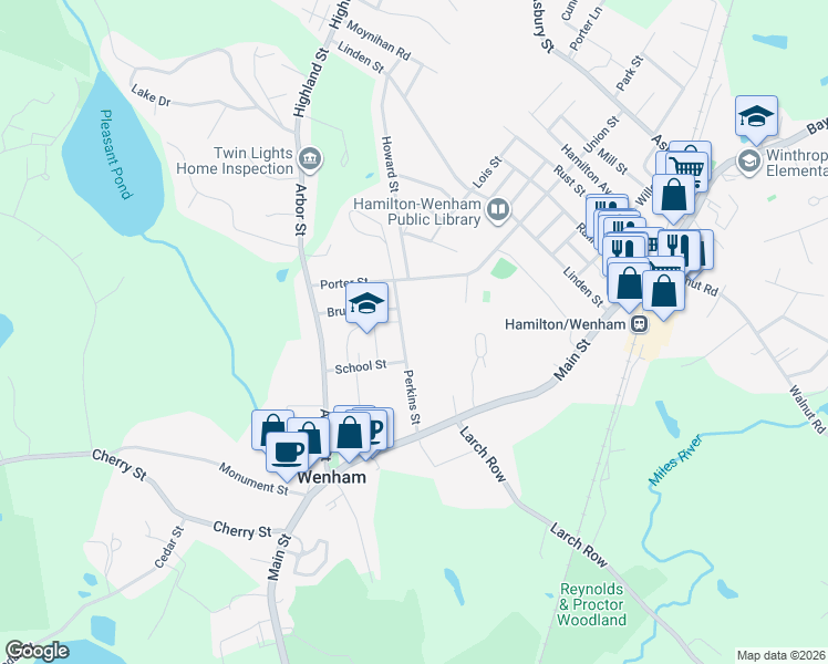 map of restaurants, bars, coffee shops, grocery stores, and more near 28 Perkins Street in Wenham