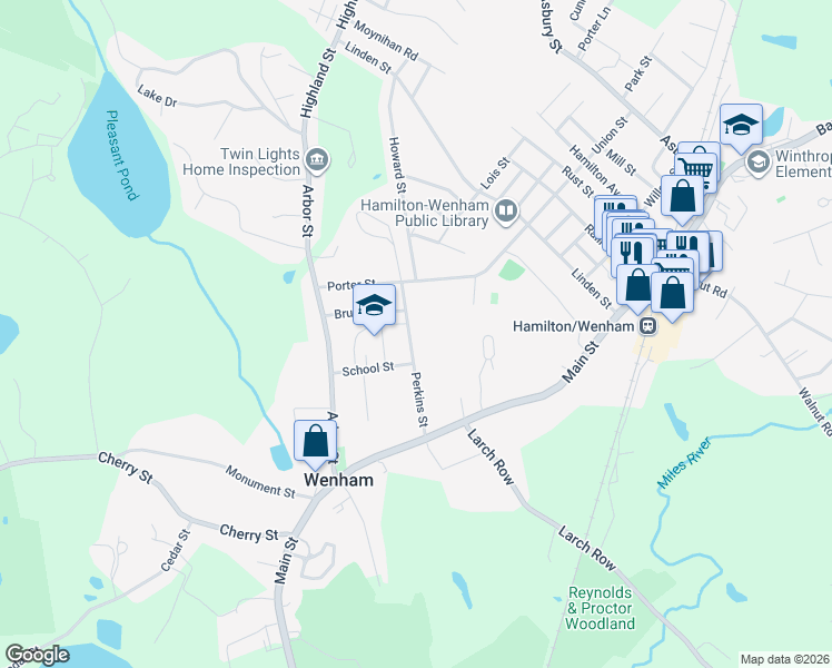 map of restaurants, bars, coffee shops, grocery stores, and more near 28 Perkins Street in Wenham