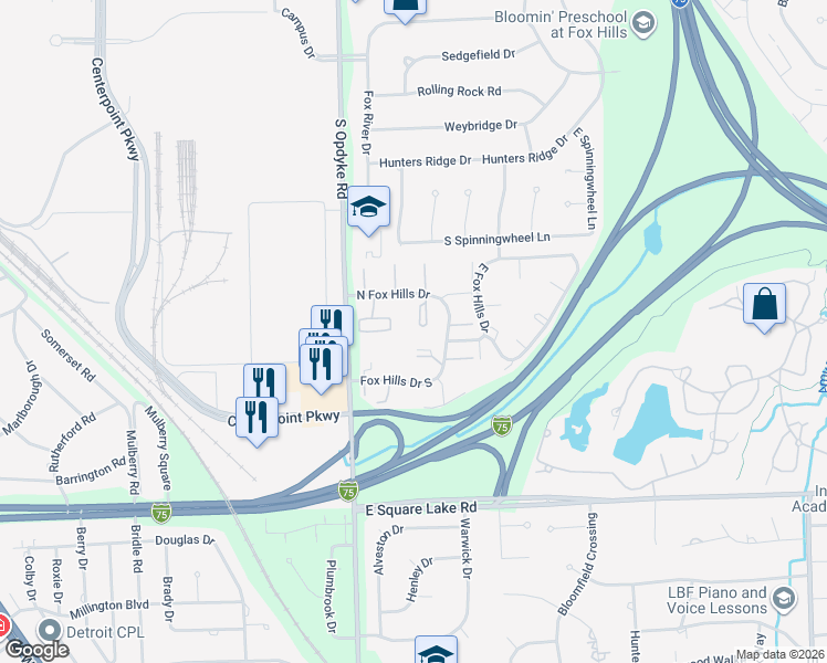 map of restaurants, bars, coffee shops, grocery stores, and more near 480 North Fox Hills Drive in Bloomfield Hills
