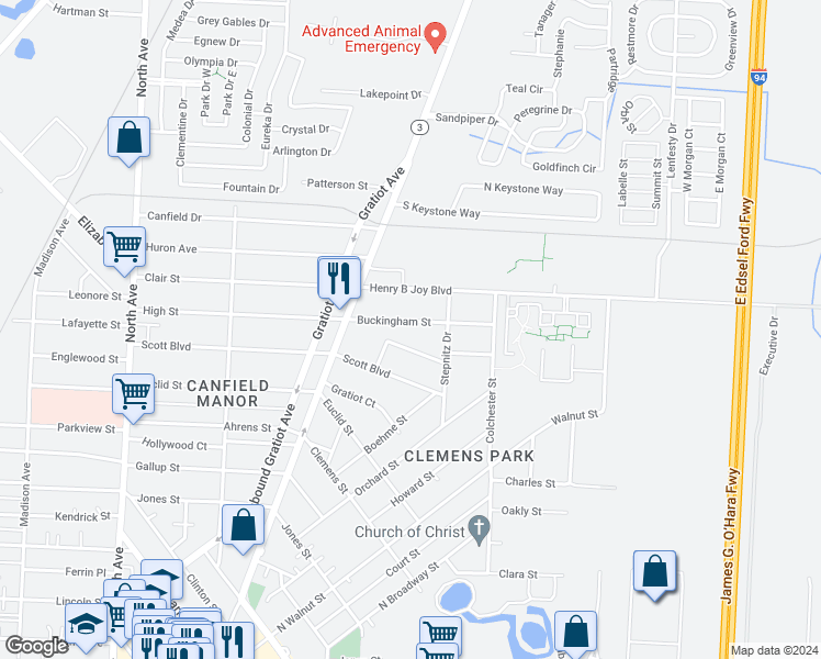 map of restaurants, bars, coffee shops, grocery stores, and more near 23530 Buckingham Street in Charter Township of Clinton