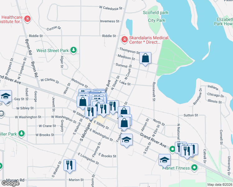 map of restaurants, bars, coffee shops, grocery stores, and more near 318 North Court Street in Howell