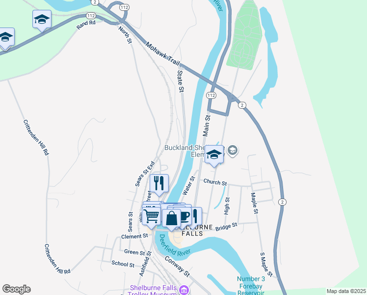 map of restaurants, bars, coffee shops, grocery stores, and more near 98 State St in Buckland