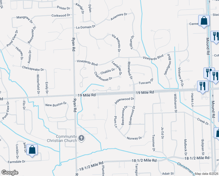map of restaurants, bars, coffee shops, grocery stores, and more near 4571 Reflections Drive in Sterling Heights