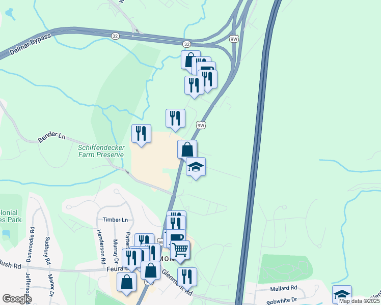 map of restaurants, bars, coffee shops, grocery stores, and more near 300 Route 9W in Glenmont