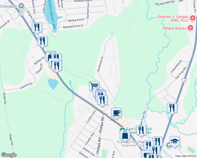 map of restaurants, bars, coffee shops, grocery stores, and more near 33 Rockrose Drive in East Greenbush