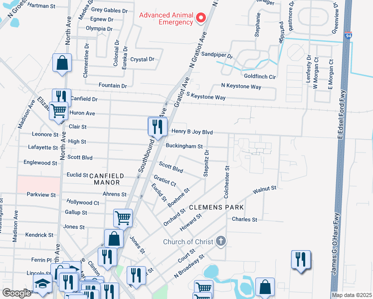 map of restaurants, bars, coffee shops, grocery stores, and more near 23530 Buckingham Street in Clinton Township
