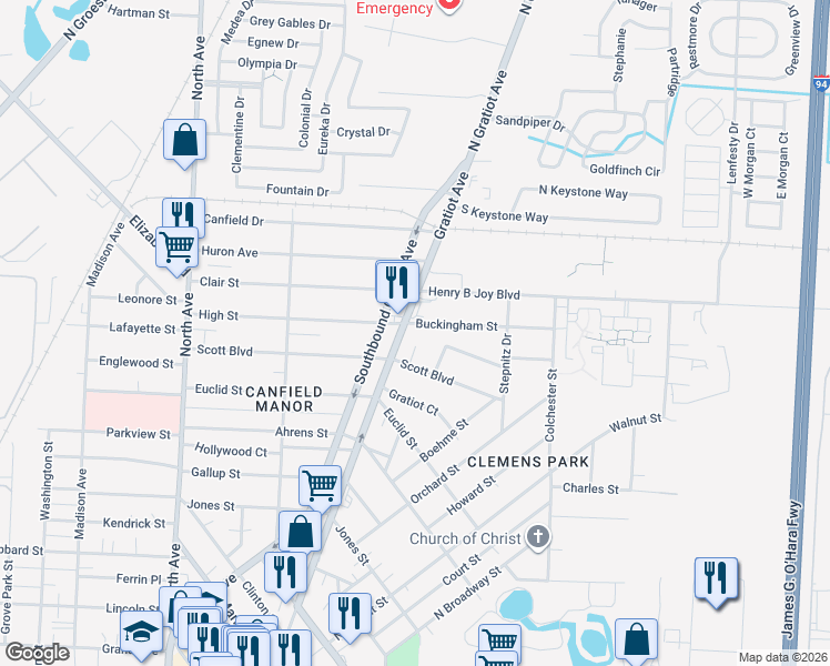 map of restaurants, bars, coffee shops, grocery stores, and more near 23460 Buckingham Street in Clinton Township