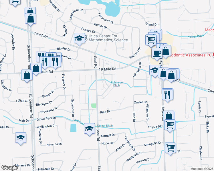 map of restaurants, bars, coffee shops, grocery stores, and more near 42789 Richmond Drive in Sterling Heights