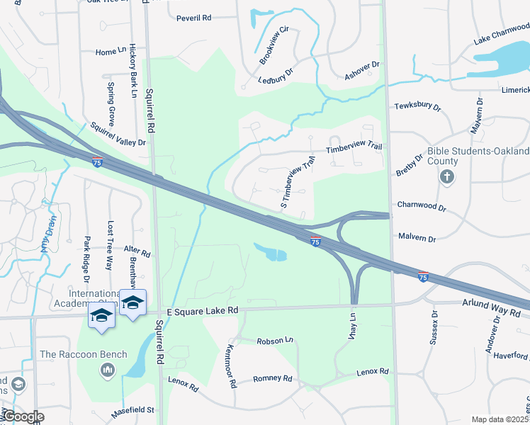 map of restaurants, bars, coffee shops, grocery stores, and more near 1239 South Timberview Trail in Bloomfield Hills