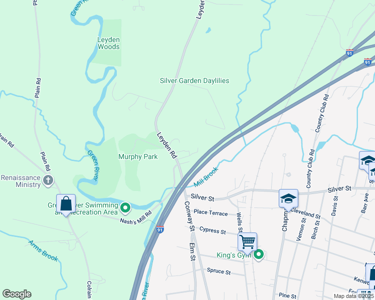 map of restaurants, bars, coffee shops, grocery stores, and more near 41 Leyden Rd in Greenfield