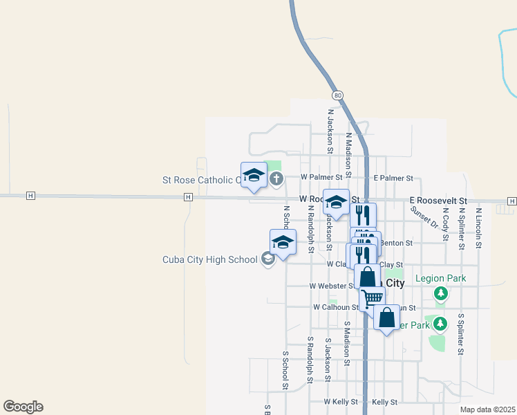 map of restaurants, bars, coffee shops, grocery stores, and more near 518 West Roosevelt Street in Cuba City