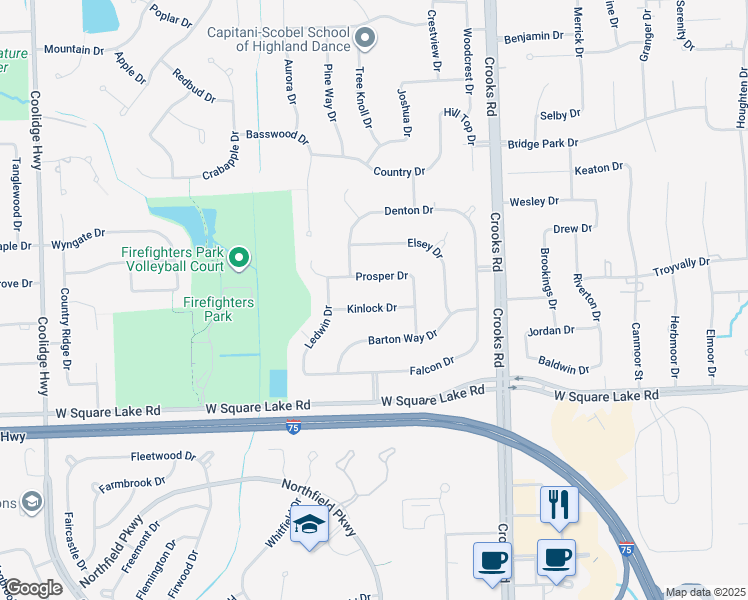 map of restaurants, bars, coffee shops, grocery stores, and more near 1232 Kinlock Drive in Troy