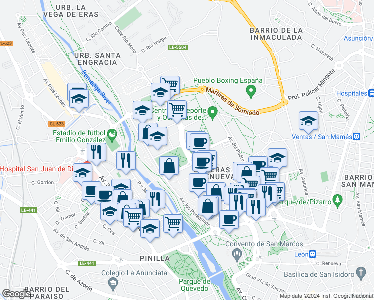 map of restaurants, bars, coffee shops, grocery stores, and more near 24 Av de los Reyes Leoneses in Leon