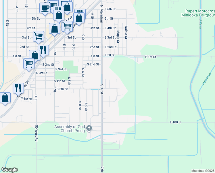 map of restaurants, bars, coffee shops, grocery stores, and more near 423 South Linden Street in Rupert