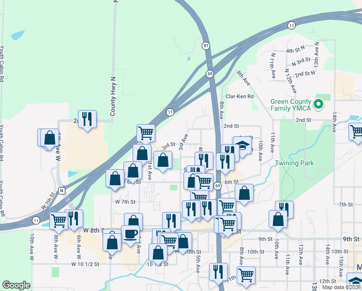 map of restaurants, bars, coffee shops, grocery stores, and more near 316 3rd Avenue in Monroe