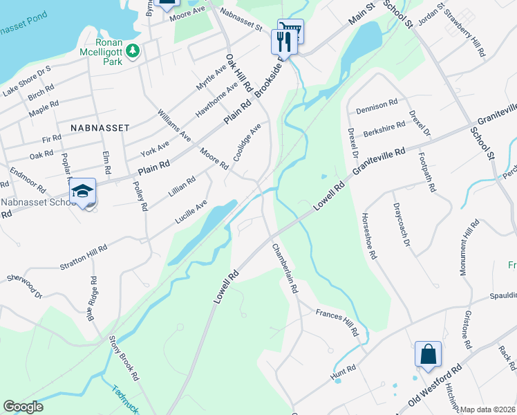 map of restaurants, bars, coffee shops, grocery stores, and more near 12 Brookside Road in Westford