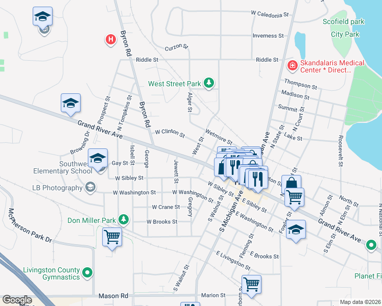 map of restaurants, bars, coffee shops, grocery stores, and more near 110 West Street in Howell