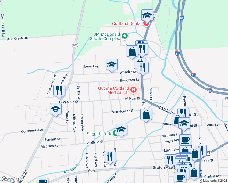 map of restaurants, bars, coffee shops, grocery stores, and more near 41 Alvena Avenue in Cortland