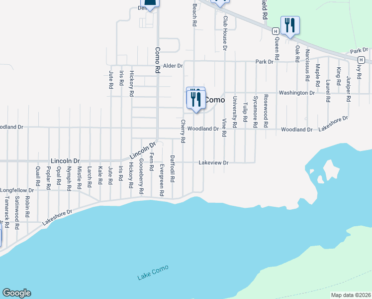map of restaurants, bars, coffee shops, grocery stores, and more near N3228 Cherry Road in Lake Geneva