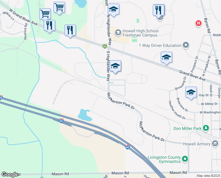 map of restaurants, bars, coffee shops, grocery stores, and more near 409 South Highlander Way in Howell