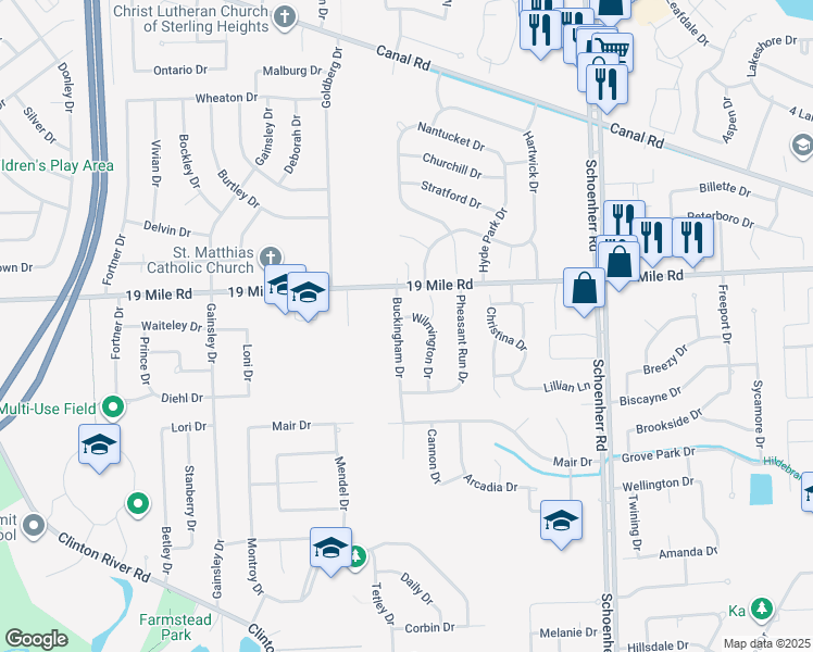 map of restaurants, bars, coffee shops, grocery stores, and more near 42885 Wilmington Drive in Sterling Heights