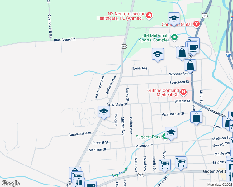 map of restaurants, bars, coffee shops, grocery stores, and more near 10 Glyndon Avenue in Cortland