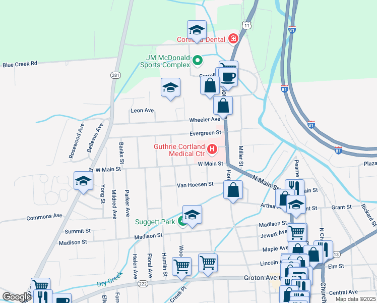 map of restaurants, bars, coffee shops, grocery stores, and more near 33-35 Alvena Ave in Cortland