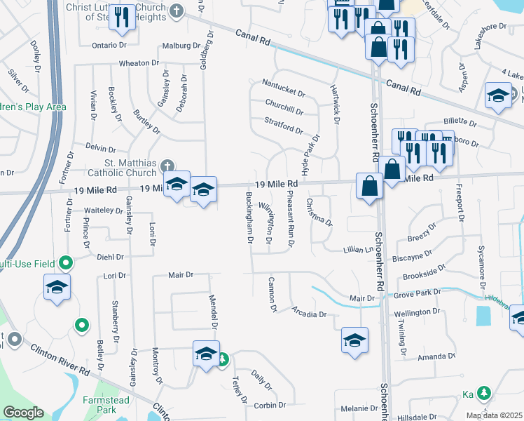 map of restaurants, bars, coffee shops, grocery stores, and more near 42885 Wilmington Drive in Sterling Heights