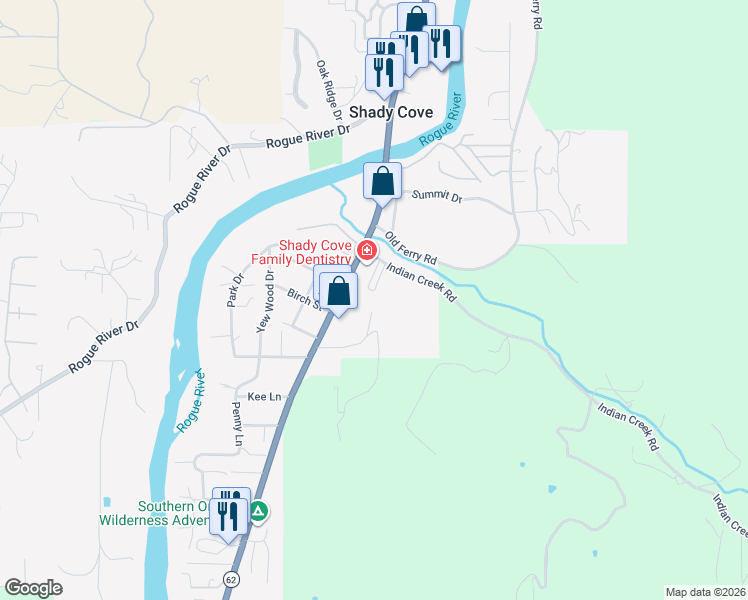 map of restaurants, bars, coffee shops, grocery stores, and more near 300 Indian Trail Court in Shady Cove
